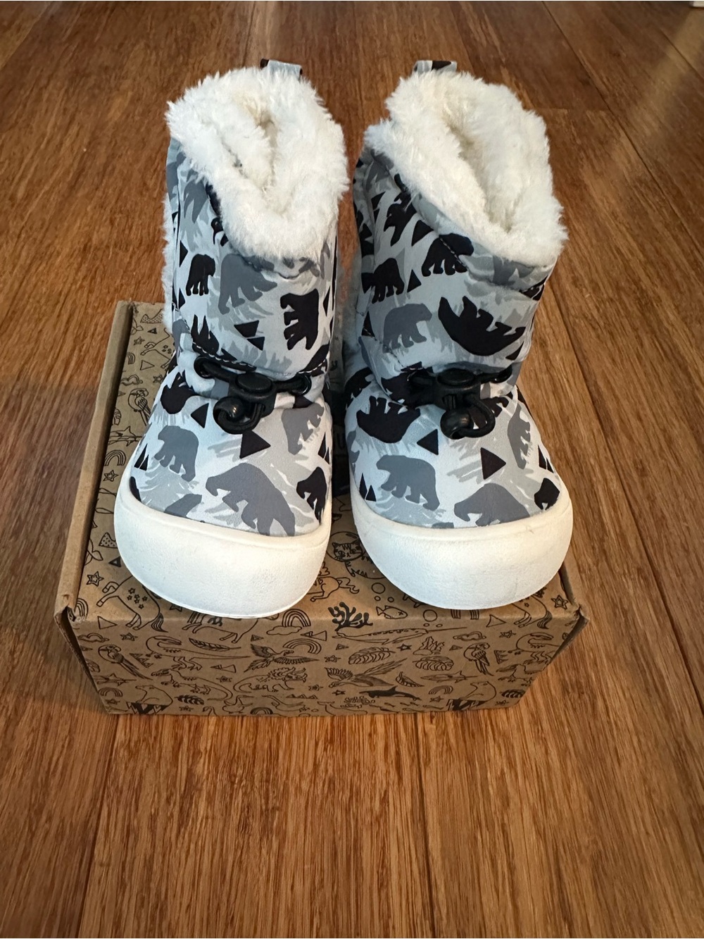 Kids Grey Bear Print Winter Boots with Plush Lining